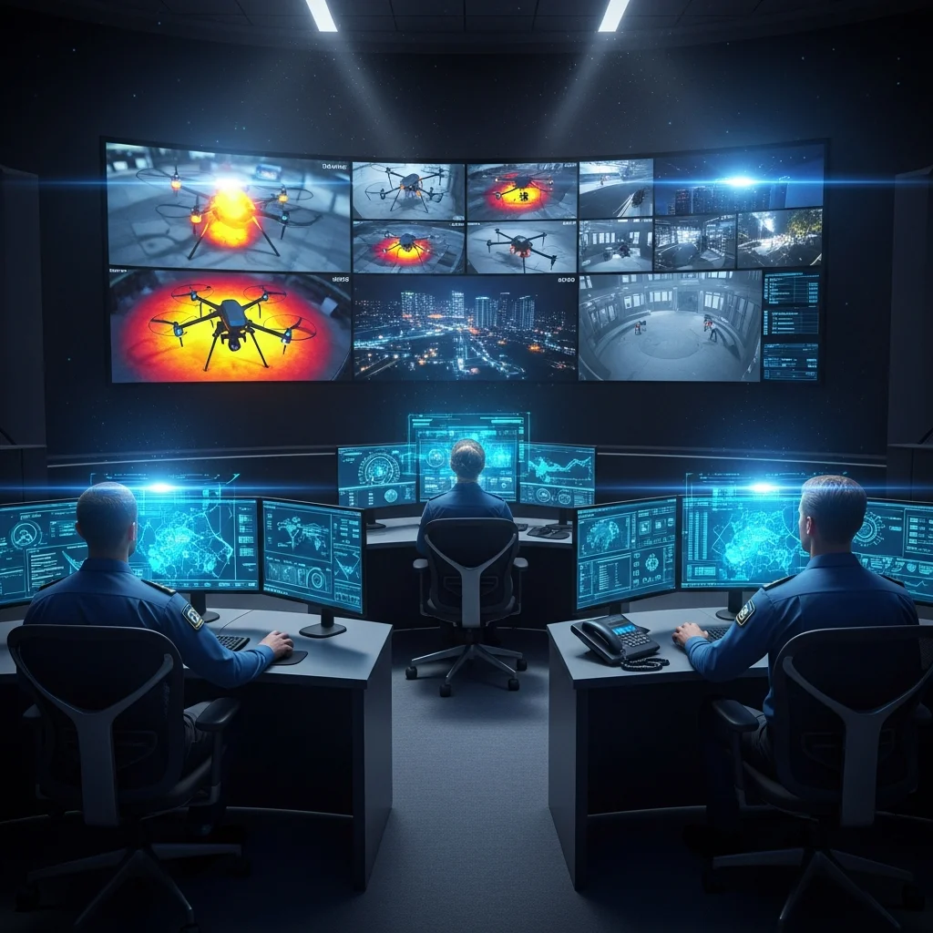 Illustrative security operations displays with aerial camera feeds