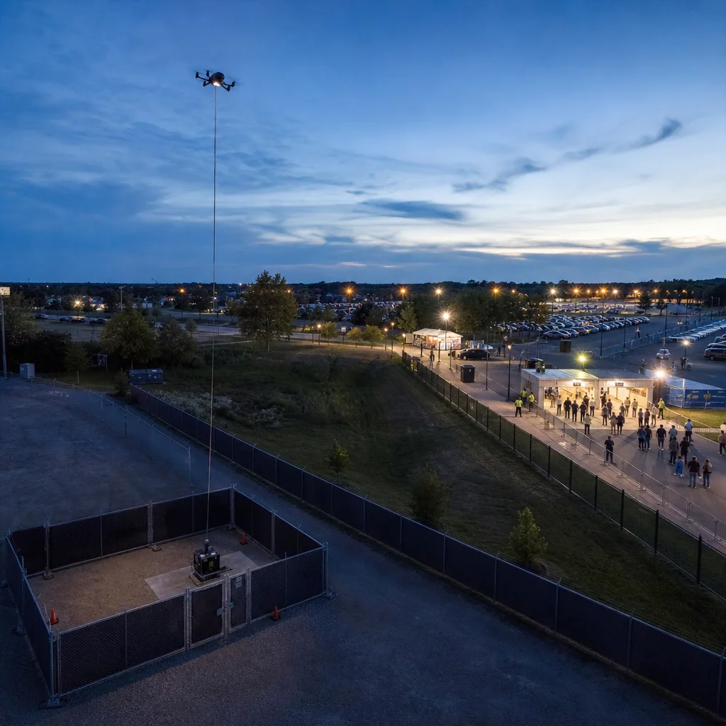Tethered drone above an empty restricted perimeter area, separated from event attendees